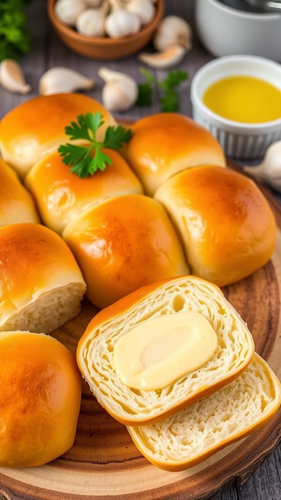 Garlic Hawaiian roll bread with melted butter and parsley on a wooden platter.